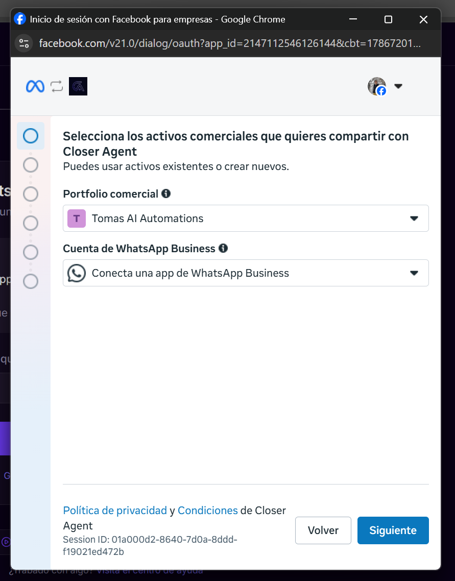 Pantalla de Meta pidiendo elegir el portfolio comercial y la cuenta de WhatsApp Business