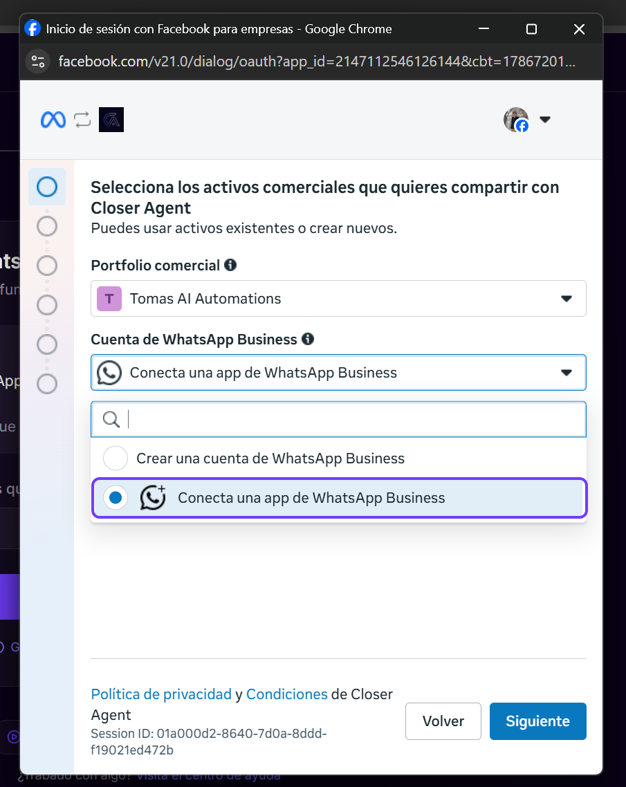 Desplegable de Meta con las opciones crear una cuenta o conectar una app de WhatsApp Business