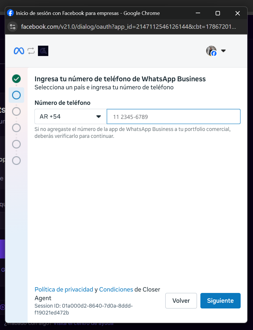 Pantalla de Meta para ingresar el país y el número de teléfono de WhatsApp Business