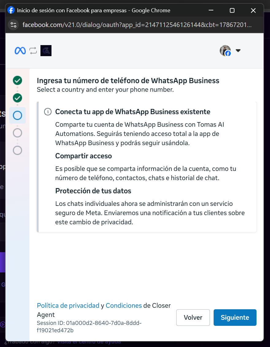 Pantalla de Meta explicando que se comparte el acceso a la cuenta de WhatsApp Business