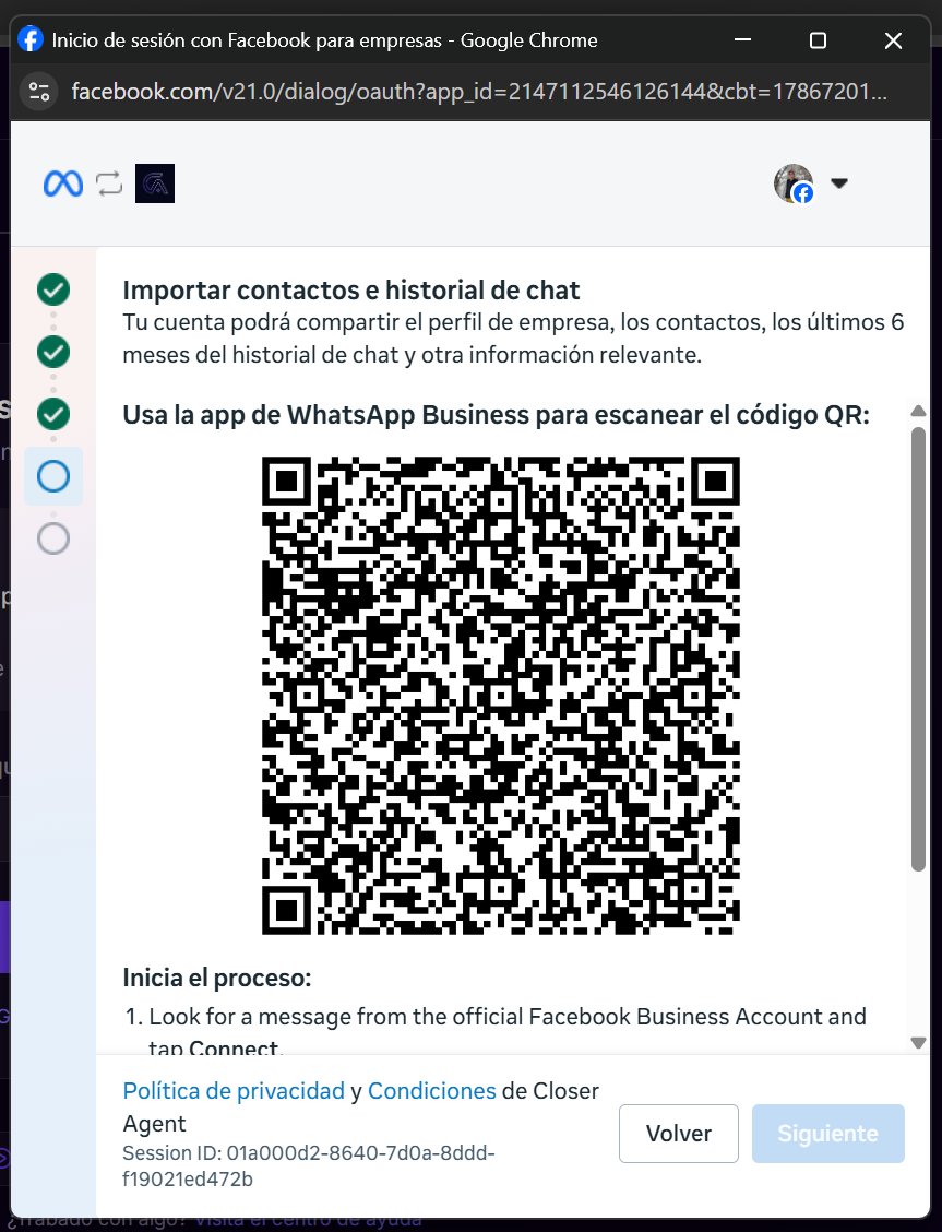 Pantalla de Meta con el código QR para escanear desde la app de WhatsApp Business