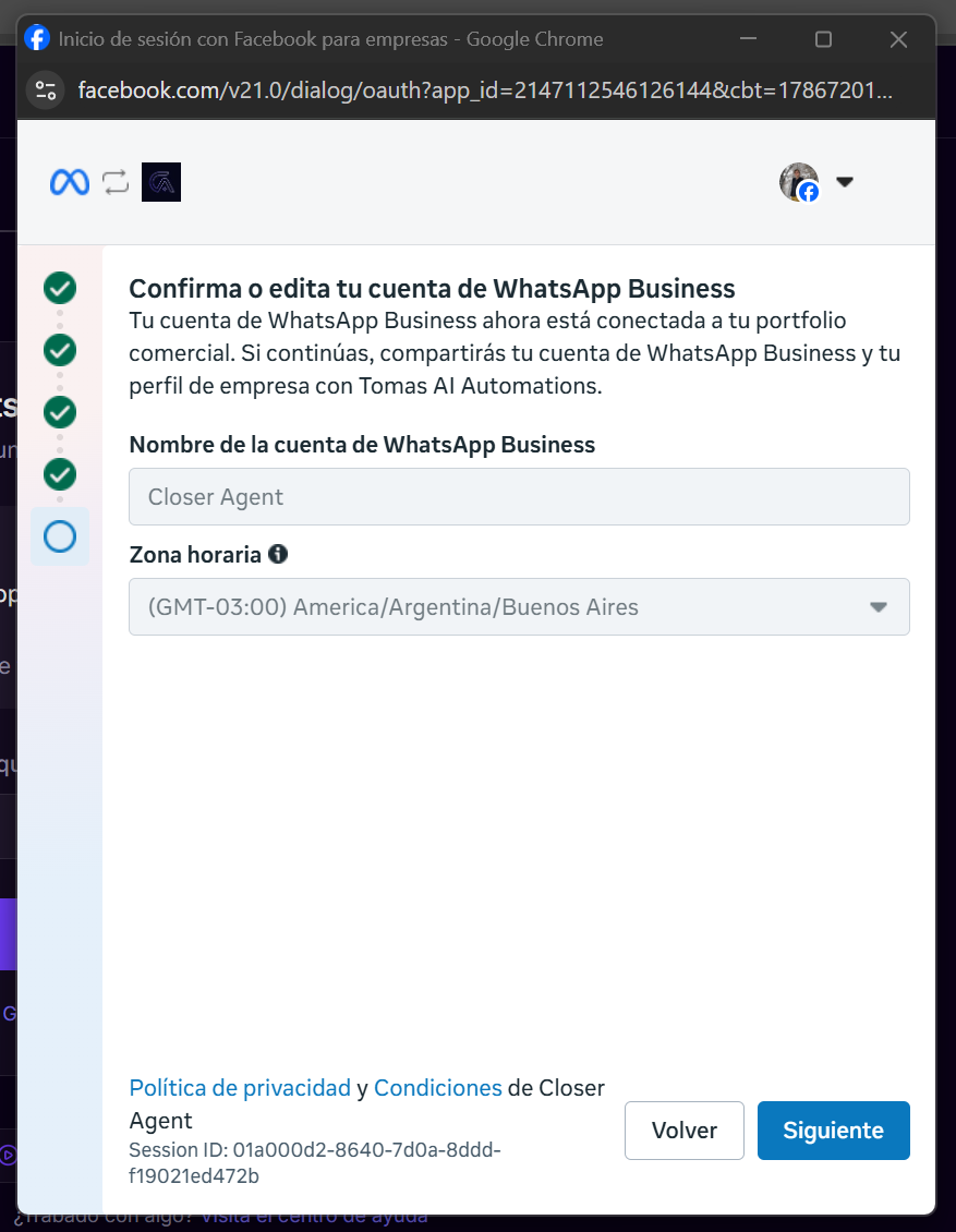Pantalla de Meta para confirmar el nombre de la cuenta de WhatsApp Business y la zona horaria