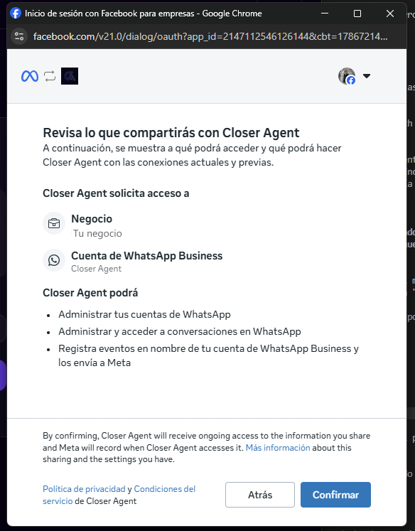 Pantalla final de Meta con el resumen de permisos que se comparten y el botón Confirmar